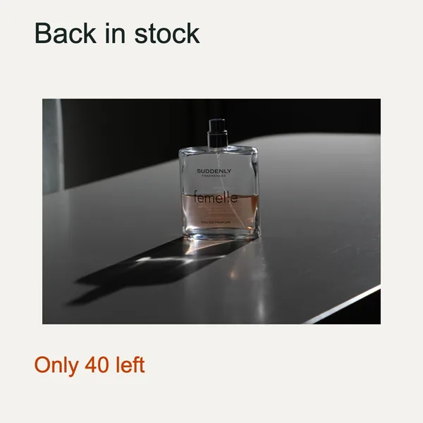 Same glass bottle with headline "Back in stock" and offer "Only 40 left"