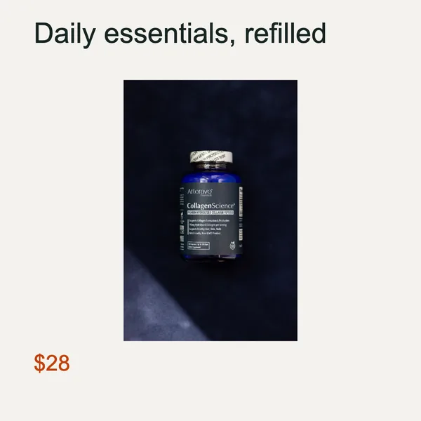 Supplement bottle on dark fabric, headline "Daily essentials, refilled", price $28