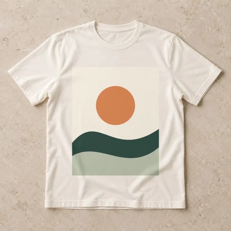 A cream T-shirt mockup with a landscape print: the artwork's own off-white rectangle is visible behind the sun and hills