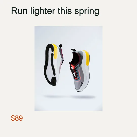 Square 1080 by 1080 promo: headline Run lighter this spring, sneaker photo, price $89