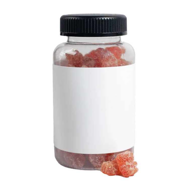Clear supplement jar with gummies visible through the plastic
